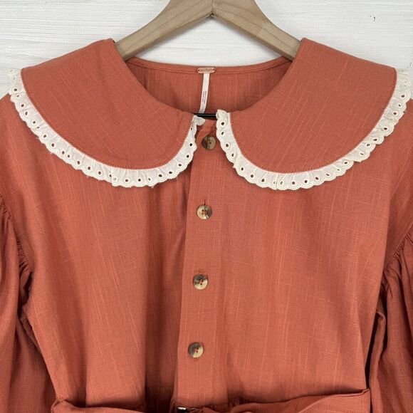Free People Porto Top & Shorts Set S Orange Puff Sleeve Peter Pan Collar NWT - Picture 5 of 16